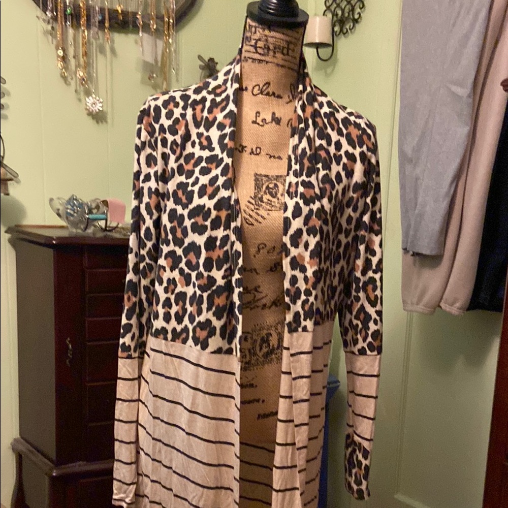 Lovely Melody Leopard Print Cardigan with Beige and Black Stripes